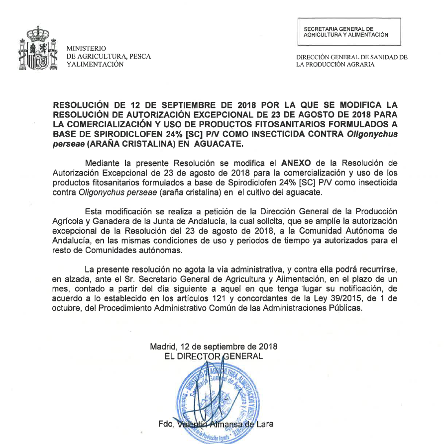 Modificación de la resolución de autorización excepcional para la comercialización y uso de productos fitosanitarios formulados a base de Spirodiclofen 24% [SC] P/V como insecticida contra Oligonychus Persae (araña cristalina) en aguacate.